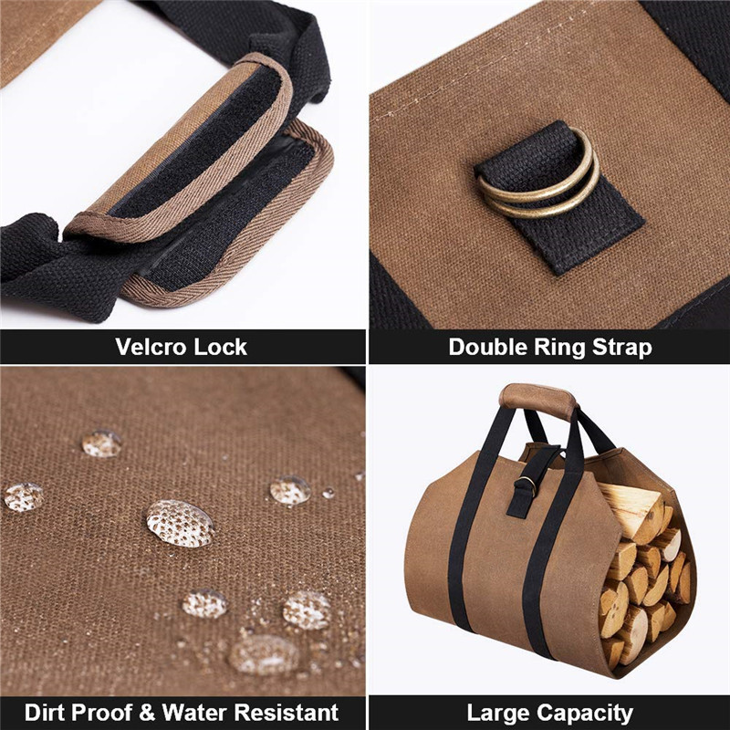 2022 hot selling waxed canvas log tote fire place wood carrying bag with handles security strap