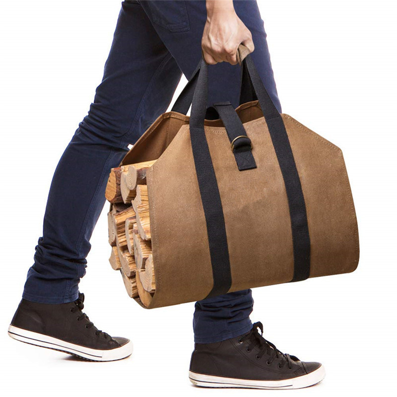 2022 hot selling waxed canvas log tote fire place wood carrying bag with handles security strap