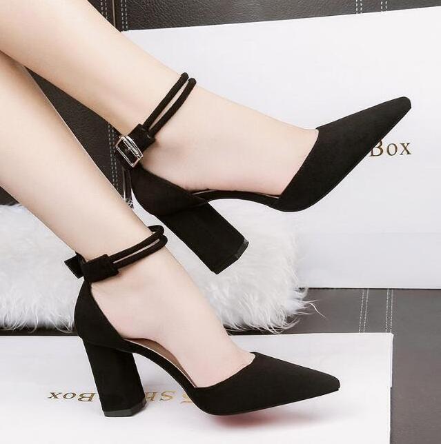 Summer Women Pointed Toe Pumps Shoes Block High Heel Ankle Strap Sandals Shoes