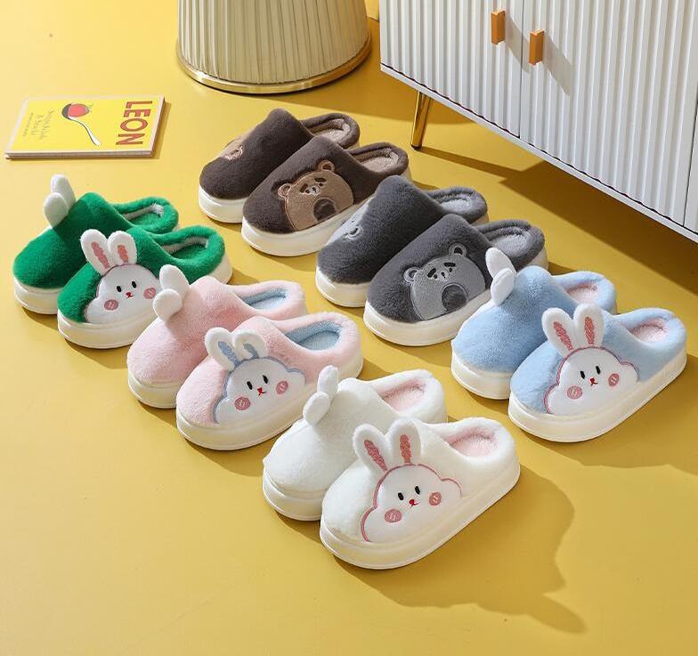 Non-slip Cartoon rabbit Fur Indoor Floor Slides Slippers Home Women Girls Cartoon Winter Furry Plush Slippers