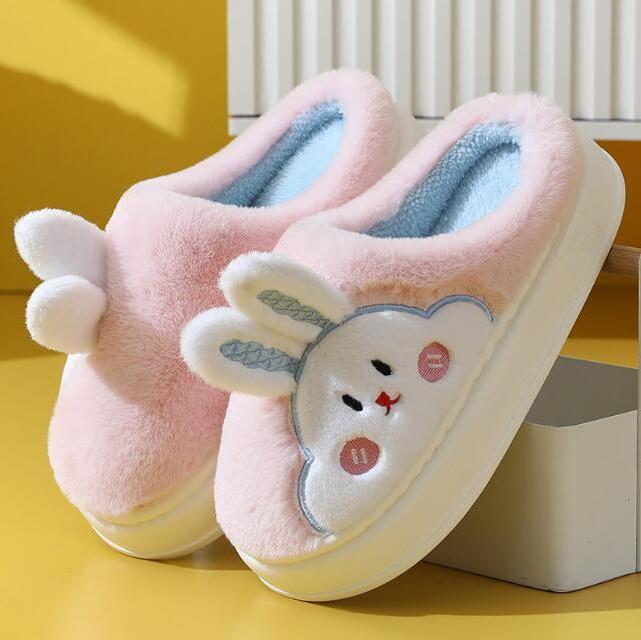 Non-slip Cartoon rabbit Fur Indoor Floor Slides Slippers Home Women Girls Cartoon Winter Furry Plush Slippers