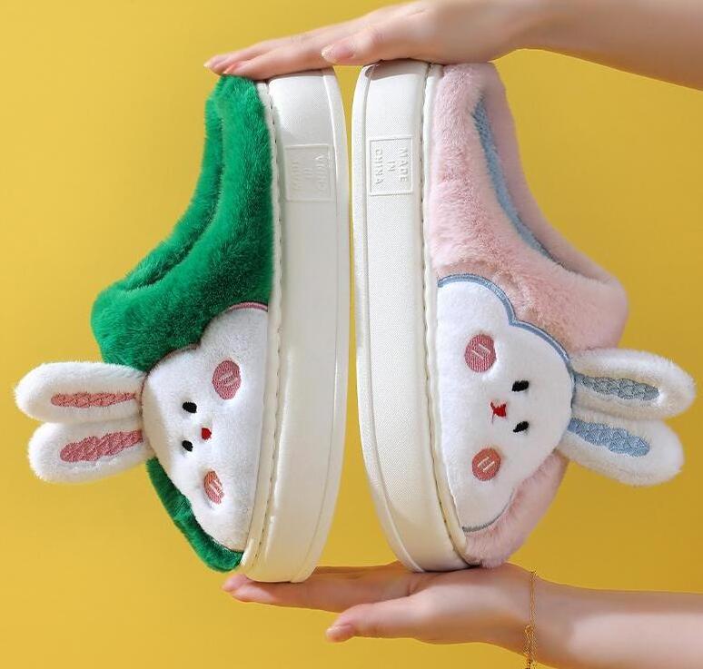 Non-slip Cartoon rabbit Fur Indoor Floor Slides Slippers Home Women Girls Cartoon Winter Furry Plush Slippers