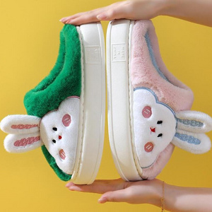 Non-slip Cartoon rabbit Fur Indoor Floor Slides Slippers Home Women Girls Cartoon Winter Furry Plush Slippers