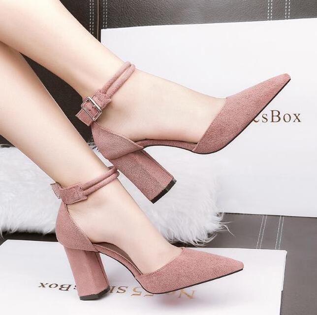 Summer Women Pointed Toe Pumps Shoes Block High Heel Ankle Strap Sandals Shoes