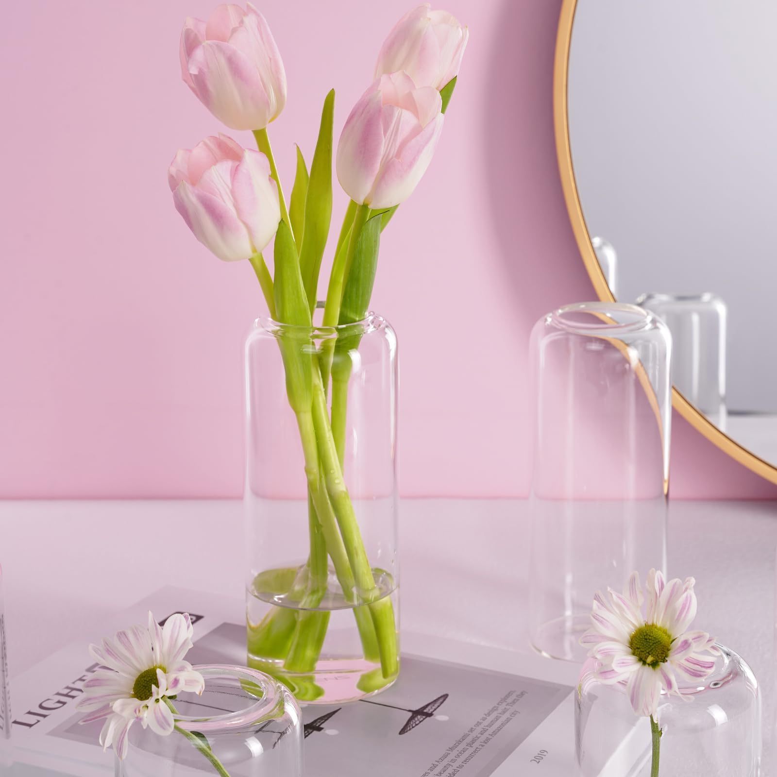 NISEVEN 3pcs/Set Modern Cylinder Glass Vase for Wedding Room Decor Clear Hand Blown Small Flower Vase Glass Bud Vases