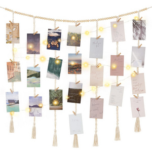 NISEVEN 2024 New Boho Wall Hanging Photo Display Wall Decor With String Lights Wooden Beads Macrame Wall Hanging Photo