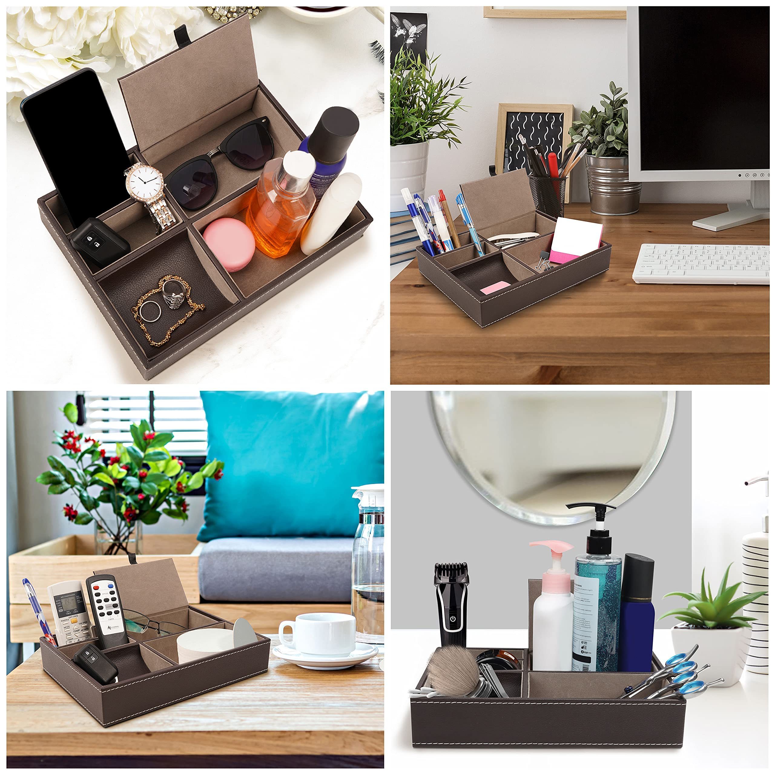 NISEVEN Wholesale Desk Nightstand Organizer Watch Tray Valet Tray with 5 Compartment Brown Faux Leather Valet Tray