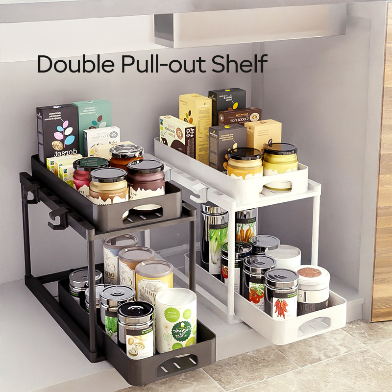 NISEVEN 2 Tier Multi Purpose Pull Out Cabinet Organizer Bathroom Kitchen Storage Rack Plastic Pull Out Under Sink Organizer