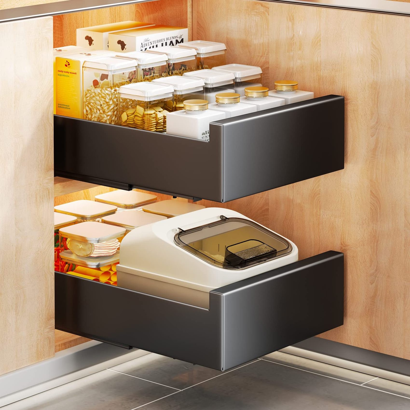 NISEVEN Wholesale 2pcs/Set Heavy Duty Slide Out Pantry Shelves Carbon Steel Slide out Drawers Pull Out Cabinet Organizer