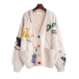 varsity cardigan embroidery knitted Oversized Knitted cardigan sweater Ladies Winter Cardigan Warm with Pockets