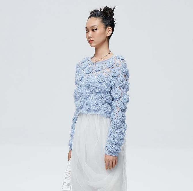 Fashion mohair handmade crochet rose flower sweater knit pullover for lady