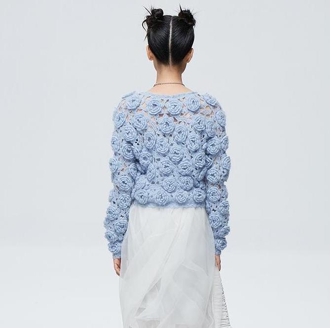 Fashion mohair handmade crochet rose flower sweater knit pullover for lady