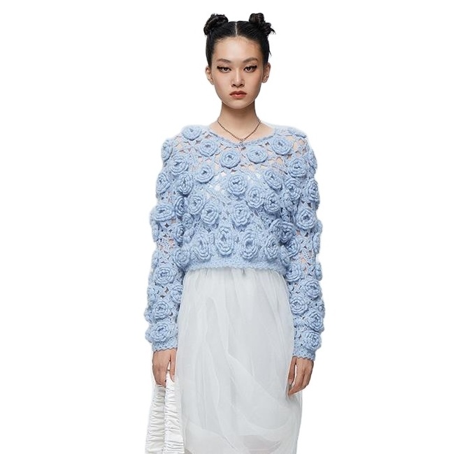 Fashion mohair handmade crochet rose flower sweater knit pullover for lady