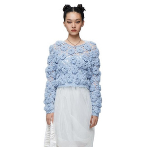 Fashion mohair handmade crochet rose flower sweater knit pullover for lady