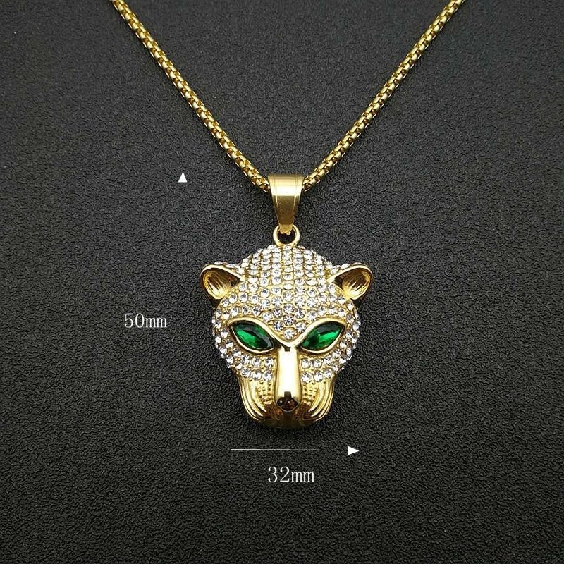 2022 trendy hip hop stainless steel with green diamond eyes leopard head pendant popular logo jewelry necklace for men and women