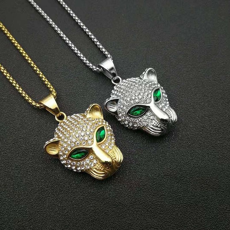 2022 trendy hip hop stainless steel with green diamond eyes leopard head pendant popular logo jewelry necklace for men and women