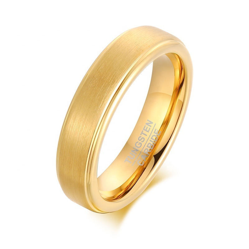 Non Tarnish Brushed Jewelry Step Edge 5mm Gold Black Tungsten Ring With Golden Thin Line