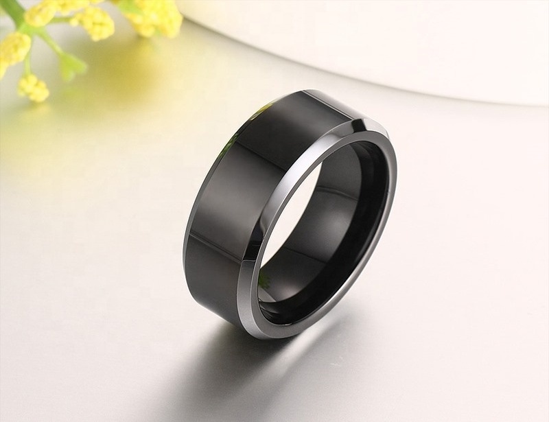 Non Tarnish Fadeless Plain Wedding Band 8mm Silver Polish Beveled Edge Black Tungsten Carbide Ring