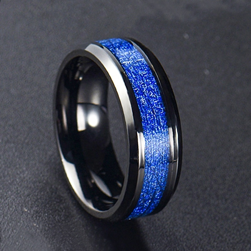 Non Tarnish Wholesale Mens Wedding Band 8mm Blue Simulated Meteorite Inlay Black Tungsten Carbide Ring