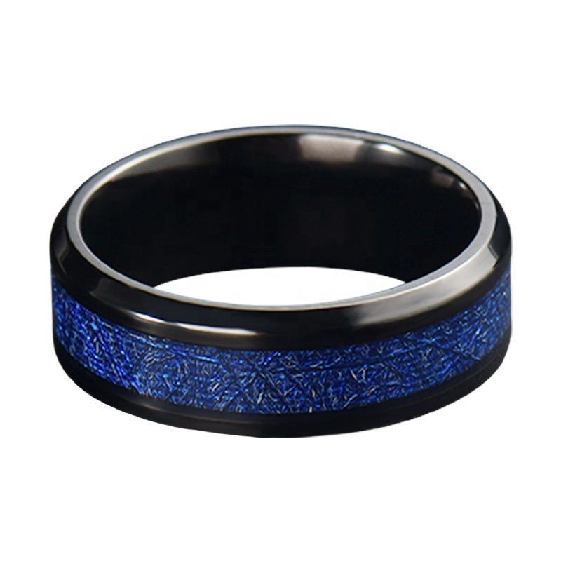 Non Tarnish Wholesale Mens Wedding Band 8mm Blue Simulated Meteorite Inlay Black Tungsten Carbide Ring