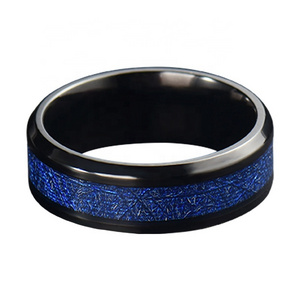 Non Tarnish Wholesale Mens Wedding Band 8mm Blue Simulated Meteorite Inlay Black Tungsten Carbide Ring