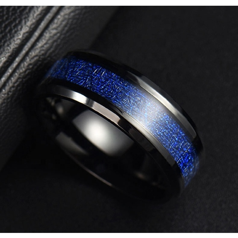 Non Tarnish Wholesale Mens Wedding Band 8mm Blue Simulated Meteorite Inlay Black Tungsten Carbide Ring