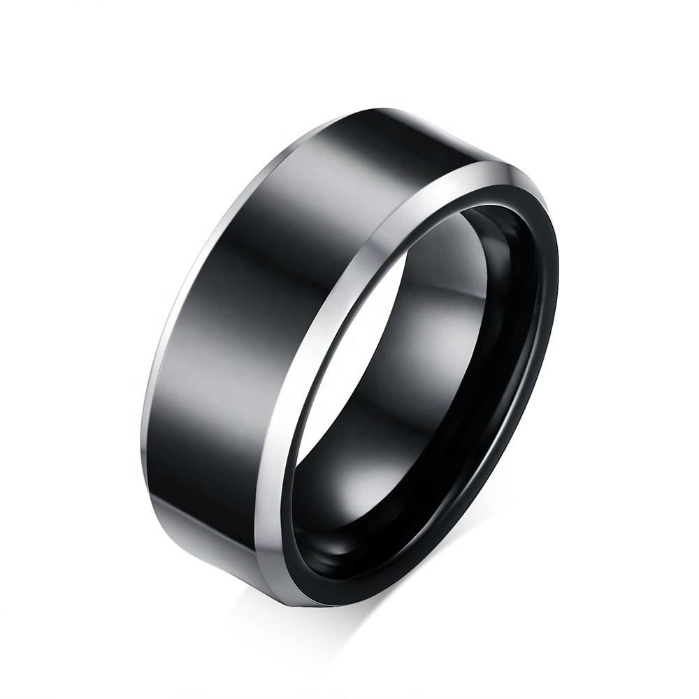 Non Tarnish Fadeless Plain Wedding Band 8mm Silver Polish Beveled Edge Black Tungsten Carbide Ring