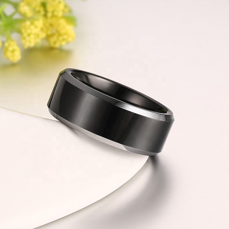 Non Tarnish Fadeless Plain Wedding Band 8mm Silver Polish Beveled Edge Black Tungsten Carbide Ring