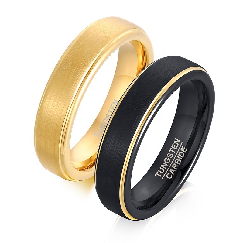 Non Tarnish Brushed Jewelry Step Edge 5mm Gold Black Tungsten Ring With Golden Thin Line