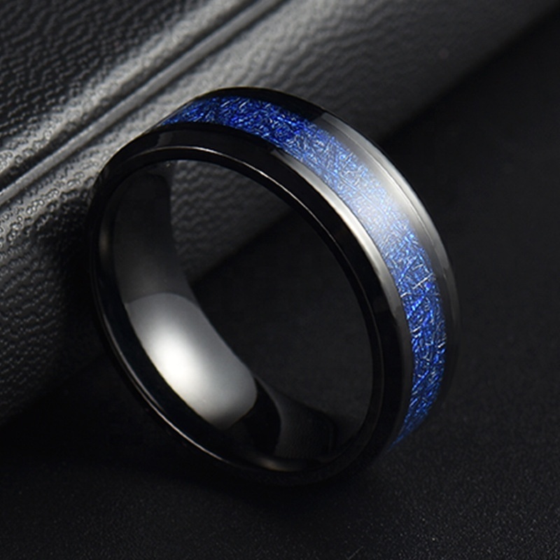 Non Tarnish Wholesale Mens Wedding Band 8mm Blue Simulated Meteorite Inlay Black Tungsten Carbide Ring