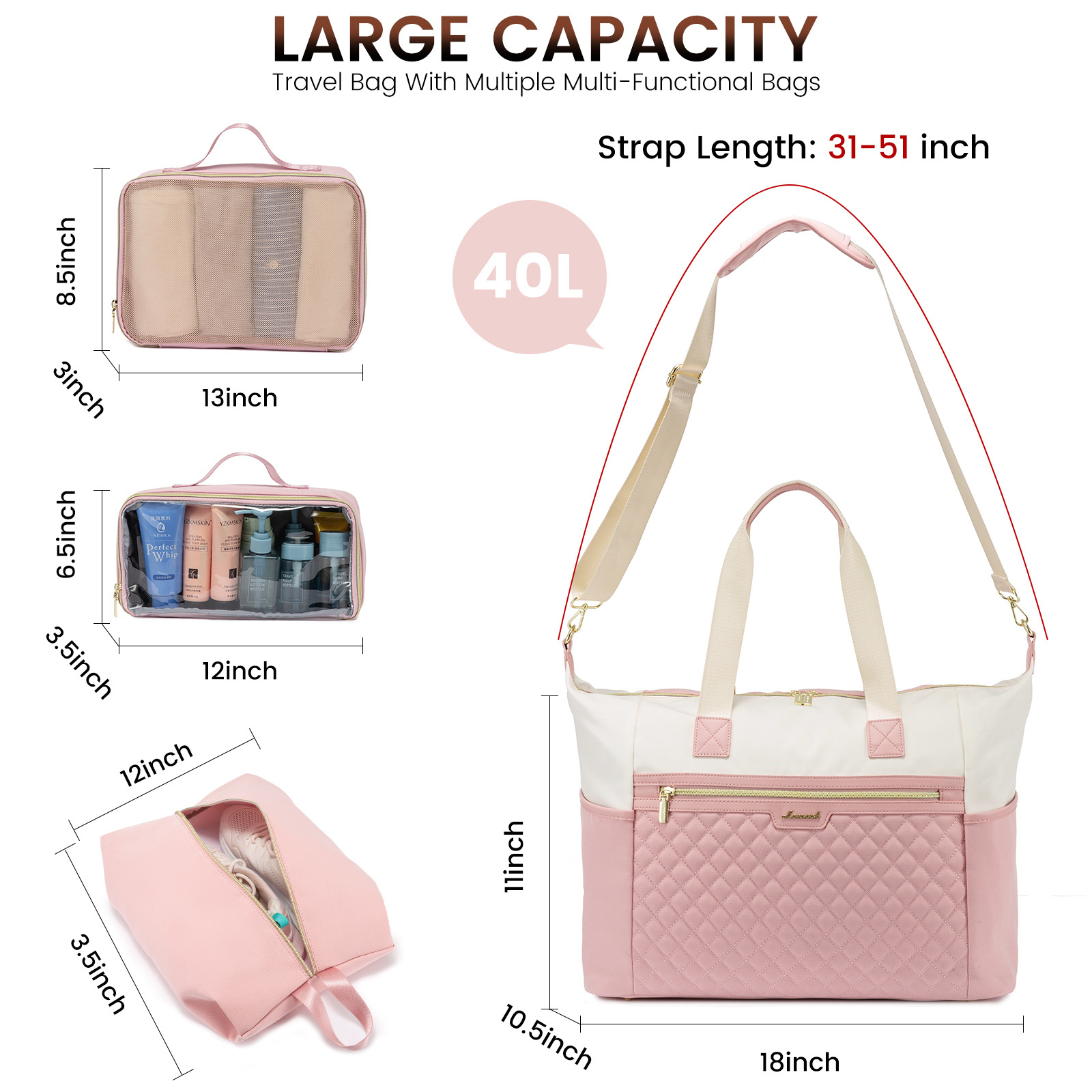 LOVEVOOK 4 Pcs Set Weekender Bags for Women Travel Carry On Overnight Duffel Bag with Toiletry Pouch Personal Item Hospital Bag