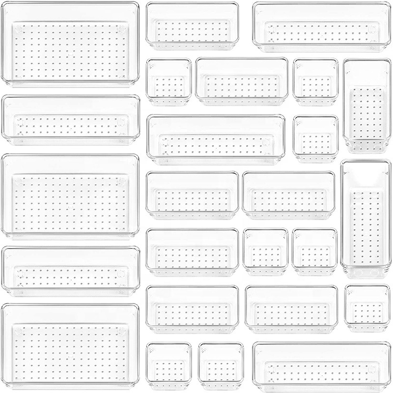 25 Pcs Stackable Clear Plastic  Acrylic Makeup Storage Box Desktop & Drawer & Cabinet Dividers Organizers Set