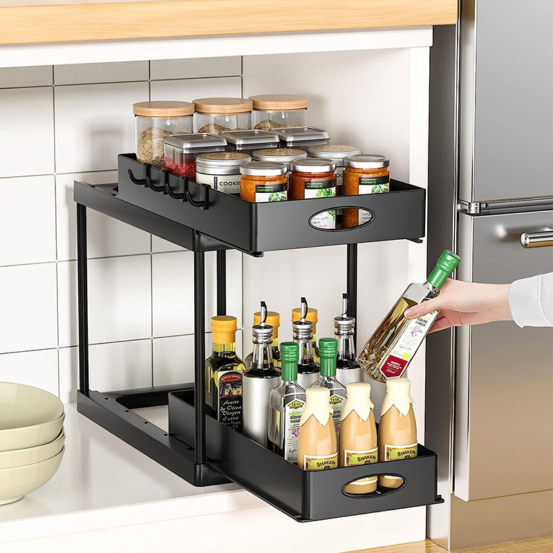 New Space-Saving 2-Tier Under Sink  Shelf Organizer With Hooks For Kitchen Bathroom Cabinet Storage Drawer