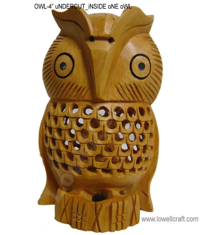 Owl Wooden Carved Hand Wood Vintage Figurine Sculpture Art Bird Statue