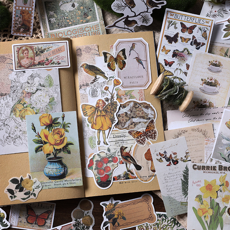 200pcs Retro Scrapbook Journaling Supplies Paper Mucha Fruit Plant Butterfly Mushroom Poster Stationery Aesthetic Stickers