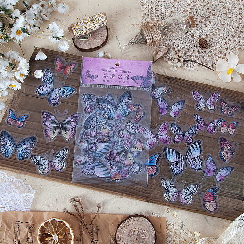 40Pcs/set Butterfly Deco Stickers Vintage Butterfly Plants Stickers Art Handbook Scrapbooking DlY Decoration Wall PET Sticker