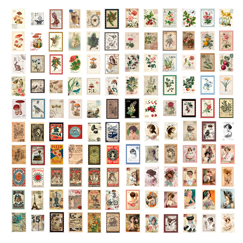 60Pcs Vintage Postage Stamp Stickers Set Plant Flower Journal Sticker for Planner DIY Crafts Diary Card Envelope