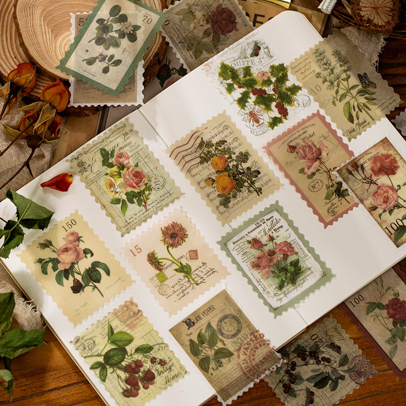 60Pcs Vintage Postage Stamp Stickers Set Plant Flower Journal Sticker for Planner DIY Crafts Diary Card Envelope