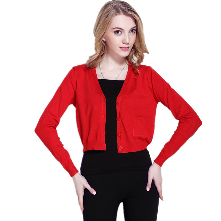 Long Sleeve Red Jersey Knit Private Label Short Women's Red Cardigan Crop Sweater With Pocket