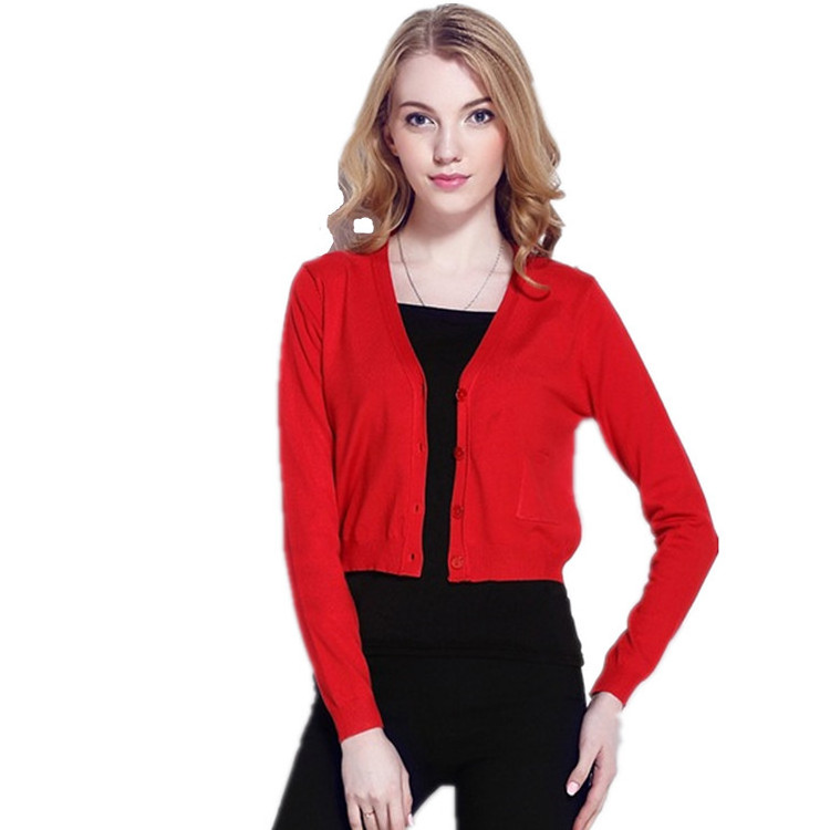 Long Sleeve Red Jersey Knit Private Label Short Women's Red Cardigan Crop Sweater With Pocket