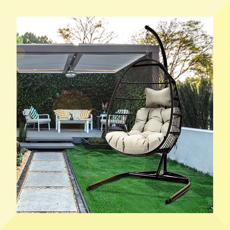 Single Rocking Chair Hanging Basket Round Frame Rattan Hanging EGG Garden Rattan Swing Chair