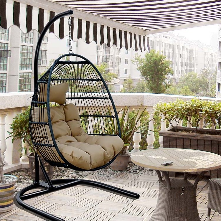 Single Rocking Chair Hanging Basket Round Frame Rattan Hanging EGG Garden Rattan Swing Chair