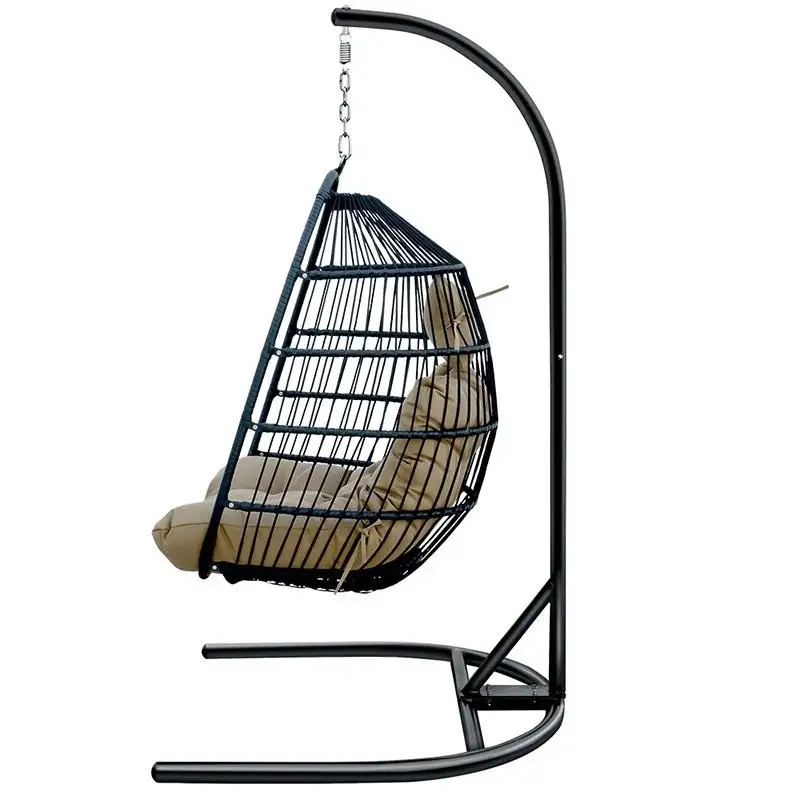 Hot Sale Cushion Patio Balcony Egg Shaped Nest Basket Metal Stand Rattan Wicker Hanging Swing Chair