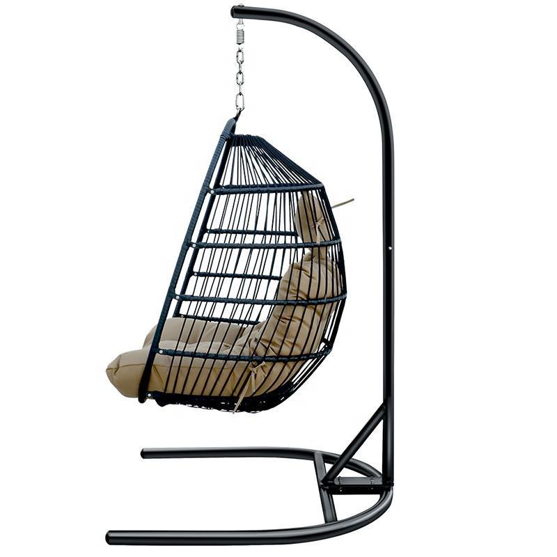 Garden Cane Furniture Metal Rattan Outdoor Patio Balcony Egg Shaped Nest Basket Adult Wicker Hanging Swing Chair With Stand