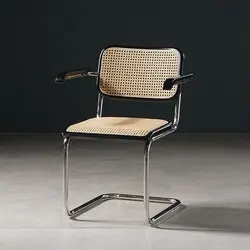 Classic Midcentury Style Cafe Chairs Leather Cushion or Rattan Seat Stainless Steel Dining Chair