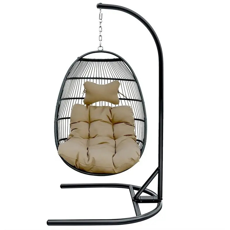 Hot Sale Cushion Patio Balcony Egg Shaped Nest Basket Metal Stand Rattan Wicker Hanging Swing Chair