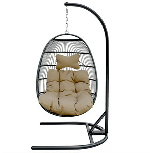 Hot Sale Cushion Patio Balcony Egg Shaped Nest Basket Metal Stand Rattan Wicker Hanging Swing Chair