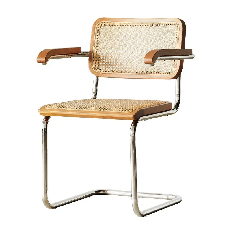 Classic Midcentury Style Cafe Chairs Leather Cushion or Rattan Seat Stainless Steel Dining Chair