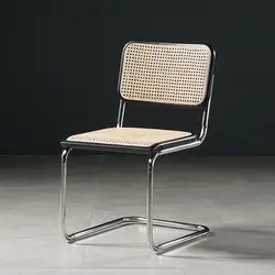 Classic Midcentury Style Cafe Chairs Leather Cushion or Rattan Seat Stainless Steel Dining Chair