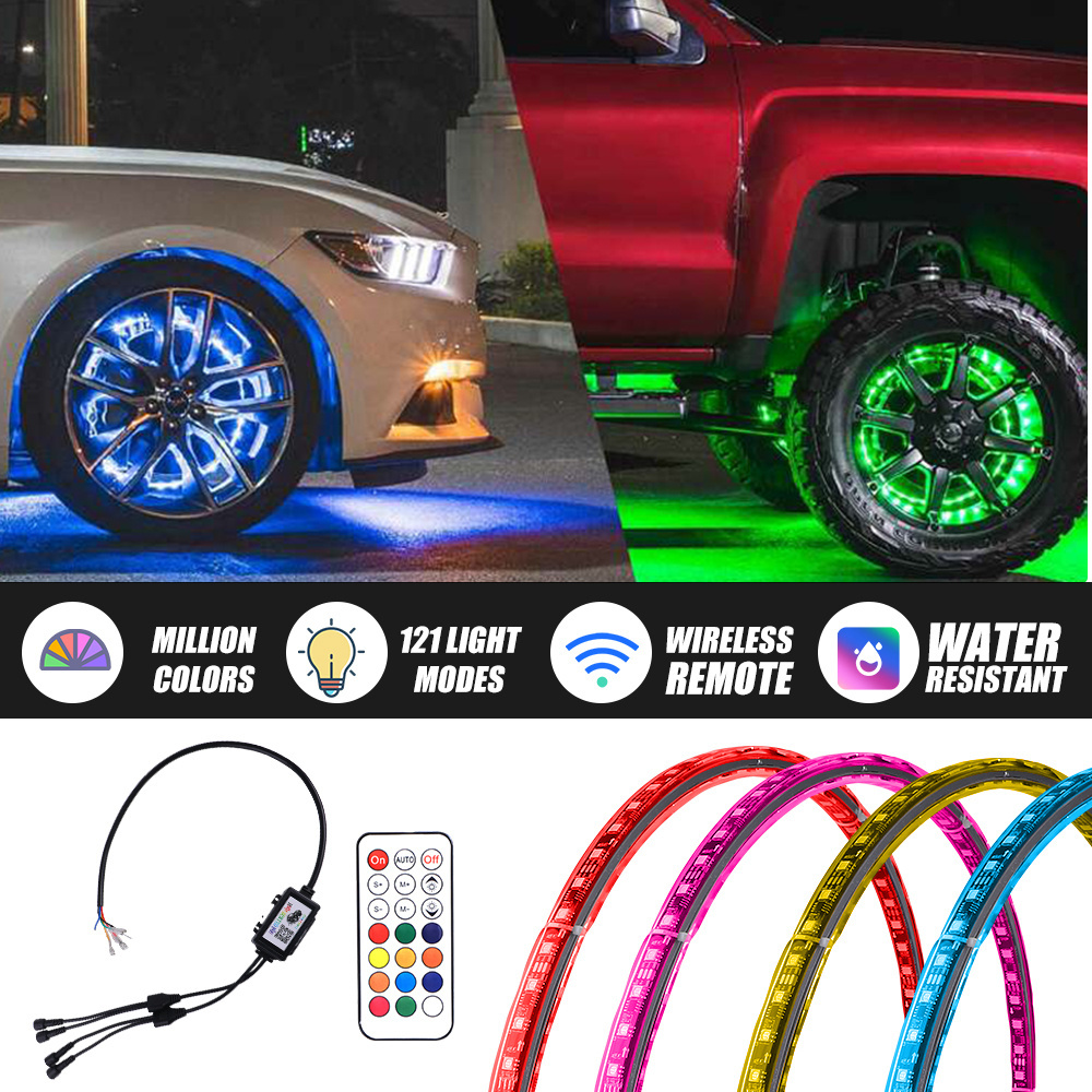 Double or Single Row 14 15.5 or 17 inch Rgbw Rgb Led Car Wheels Tire Ring Lights Rgb Colored App Control Wheel Lights For Trucks